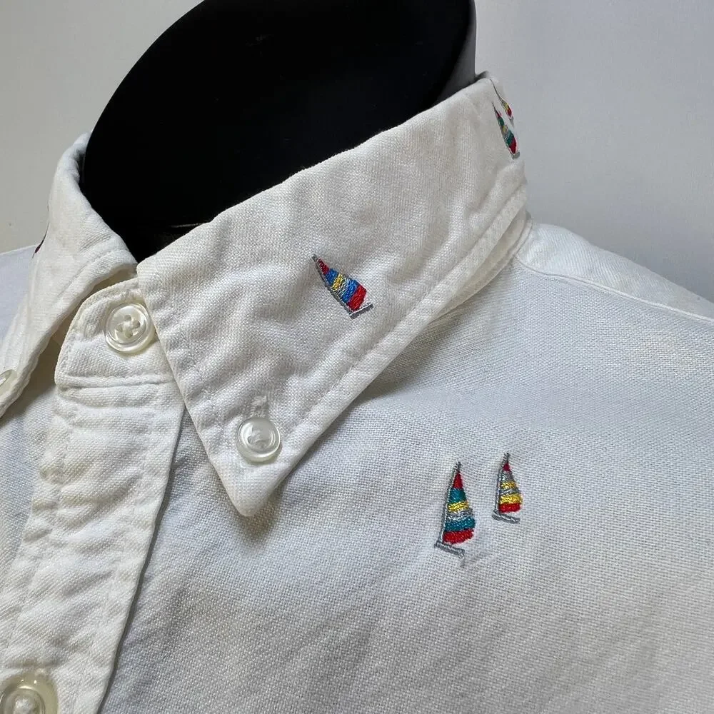 J. Crew Oxford White Embroidered Sailboat Button Down Slim Shirt Cotton